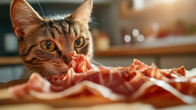 A playful cat hungrily investigates a plate of sliced meat, capturing the charm of pet interactions and their delightful curiosity that brings smiles to any household.