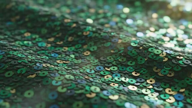 Close-up of sparkling green sequins shimmering across a rippling fabric surface