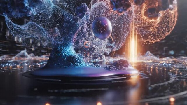 Abstract futuristic 3D animation of a transforming digital world with glowing orbs, particles, and energy.