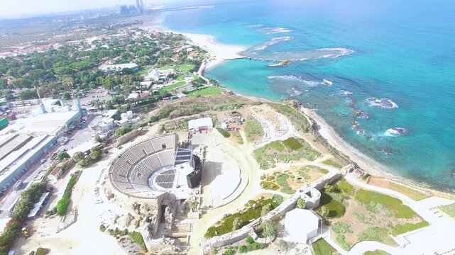 Caesarea Theater, archaeological site, drone photography, Caesarea Israel 2018
