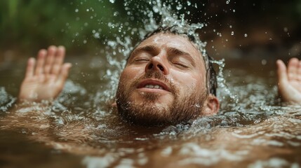 Fototapeta premium This image captures a man submerged in water, expressing a serene and relaxed demeanor, emphasizing the tranquility and rejuvenating effects of nature and water.