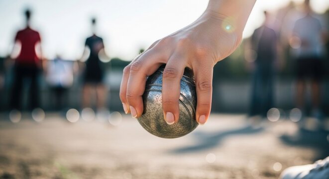 Close up of hand holding a bocce ball ready to throw.