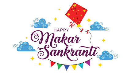Obraz premium Happy Makar Sankranti festival greeting with colorful kite flying high in the sky among clouds and stars