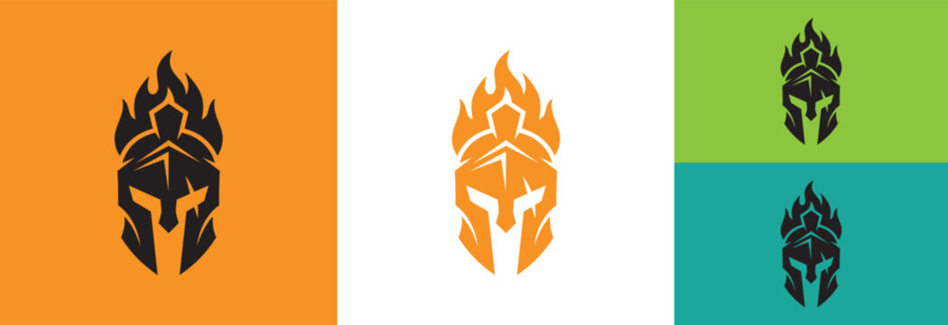 Warrior spartan helmet icon with flames above, dark silhouette.