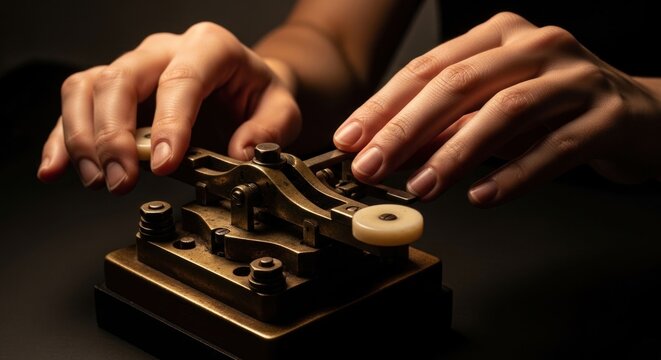 Closeup of hands operating an antique Morse code telegraph key.