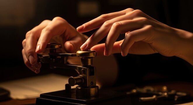 Closeup of hands operating an antique Morse code telegraph machine.