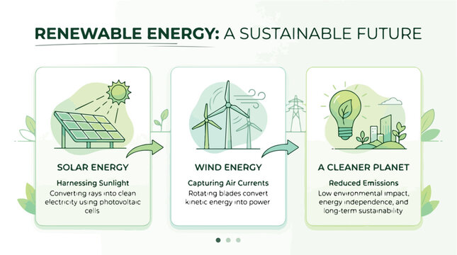 Renewable energy infographic template for eco sustainability, illustrating solar and wind power generation leading to a cleaner planet and a sustainable future