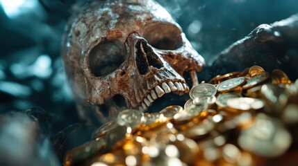 Fototapeta premium This striking image features a skull surrounded by glimmering gold coins, invoking themes of treasure, mystery, and the allure of the unknown.