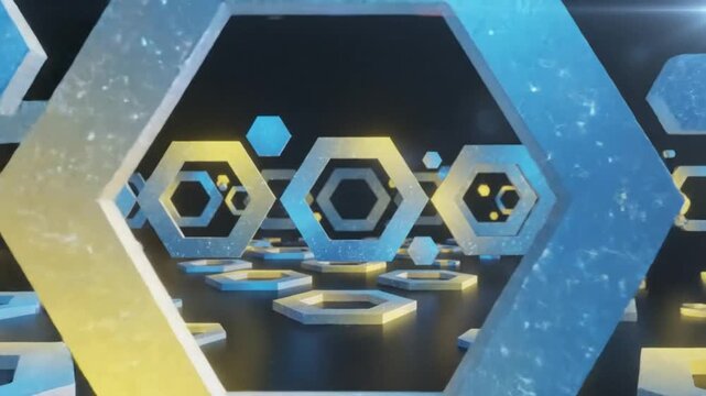 Abstract futuristic hexagonal shapes moving across a reflective black surface with glowing effects