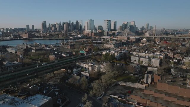 Aerial view of Boston at sunrise. Shot in Charlestown on a spring morning.