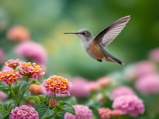 Fototapeta premium Hummingbird near colorful flower in sunlight