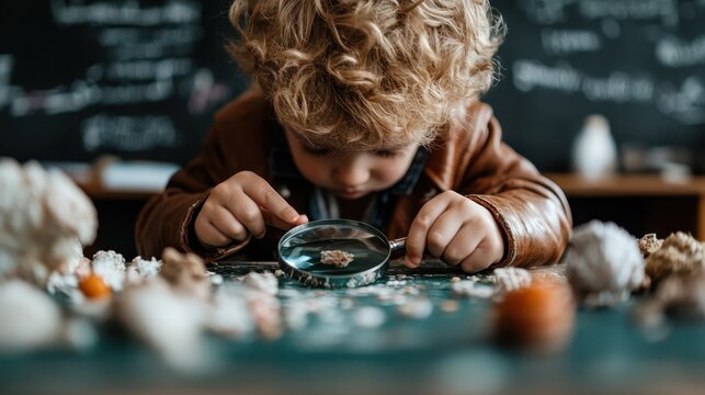 A curious child with curly hair examining small objects under a magnifying glass on a table, embodying the spirit of exploration, learning, and appreciation for nature's details.