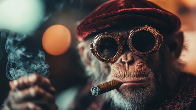 A playful depiction of a sophisticated monkey wearing vintage glasses and smoking a cigar, merging humor and style in a whimsical, artistic setting.