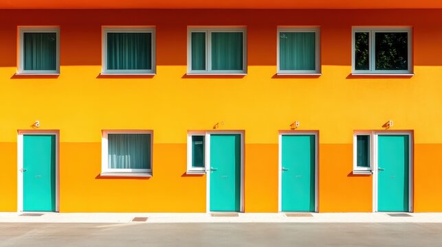 A dynamic facade featuring an orange wall contrasted by teal doors and windows, creating a visually striking modern architectural appeal. The complementary colors draw the eye.