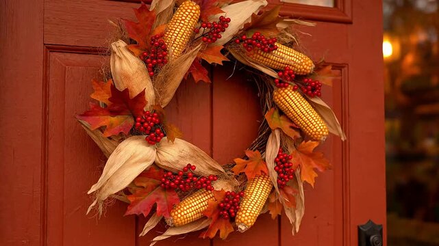 Autumn wreath on a red door with corn, leaves, and berries