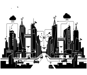 Fototapeta premium A black silhouette vector illustration of a modern urban city skyline featuring a diverse cityscape of towers, skyscrapers, and industrial business office buildings