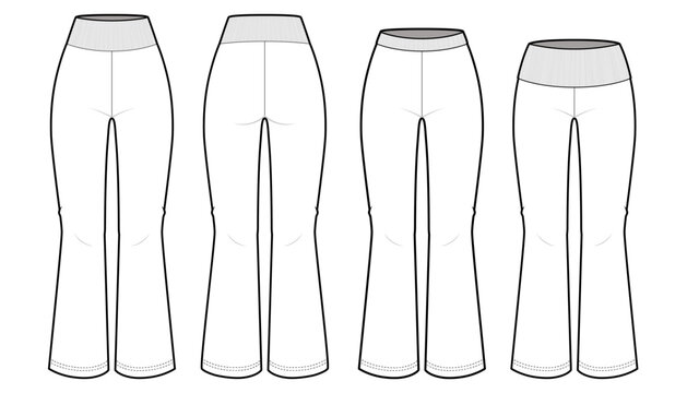 Women's 3-Way Convertible Fold-Over High-Waisted Leggings-Front and Back View- Fashion Flat- Vector Illustration- CAD Mock-up