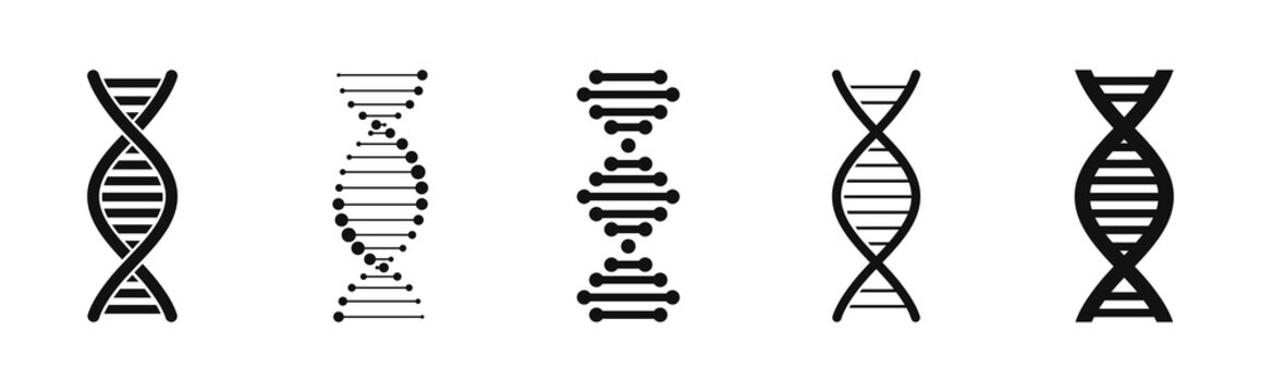 DNA icon set. Long genetic molecule structure icons. Web icons chromosome, genome, experiments, medical, fitnes, biochemistry, biology etc. Vector illustration.
