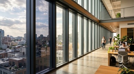 Fototapeta premium Modern Architecture Interior With Panoramic Windows Overlooking Cityscape