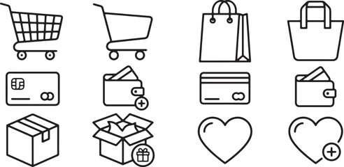 Art & Illustration, Ecommerce shopping bundle with cart box bag and wallet outline vector icons © nawab