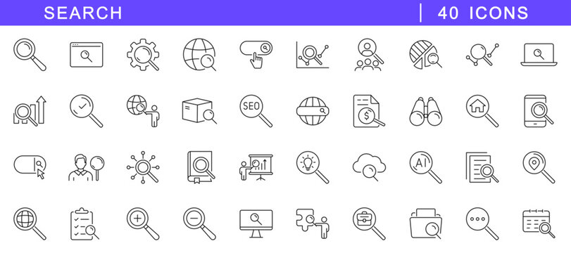 Search icon set. SEO icons in line style. Editable web icons magnifying glass, research, investigate, find, loupe etc. Vector illustration.