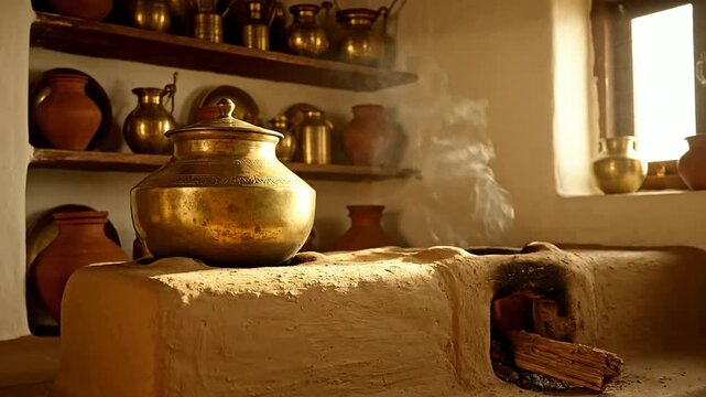 A rustic kitchen scene with pot, shelf, table, firewood, and window