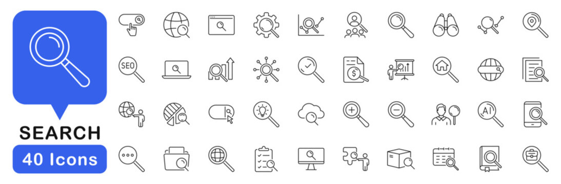 Search icon set. SEO icons in line style. Editable web icons magnifying glass, research, investigate, find, loupe etc. Vector illustration.