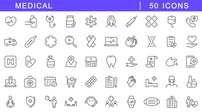 Medical icon set. Medicine and healthcare icons in line style. Editable web icons medicine, doctor, hospital, pharmacy, pills, treatment etc. Vector illustration.