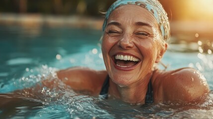 Fototapeta premium A cheerful woman swims joyfully in a sunlit pool, radiating happiness and vitality, capturing the essence of summer fun and relaxation amid refreshing water and sunlight.