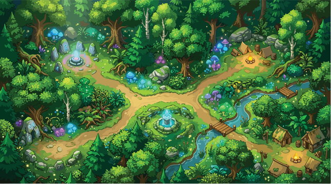 Fantasy forest game map vector, enchanted woodland landscape with magic fountains and village, isometric rpg world background with trees and river