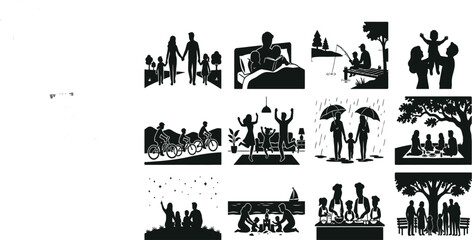 Obraz premium Family outdoor activities silhouettes on white background