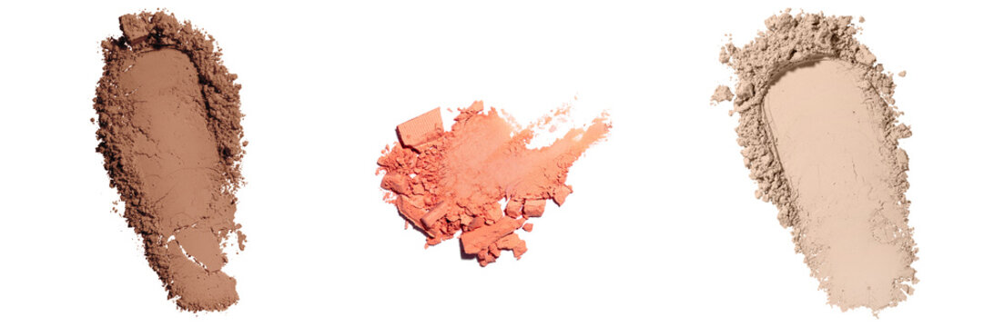 Three swatches of loose powder makeup in different shades: brown, coral, and beige, isolated on a transparent background.