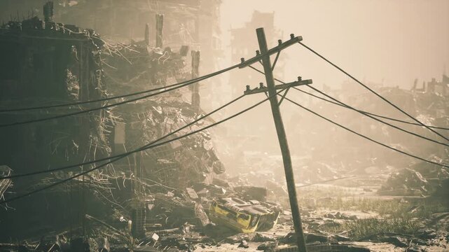 overgrown ruins with leaning pole supply route reclaimed by nature, golden sunlight filters through haze, vines and grass push through cracked asphalt,