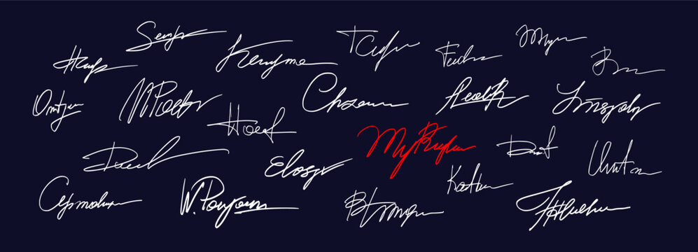 Vector collection of chalk hand drawn autograph and cursive pen name for business branding. Abstract ink certificate examples. Art calligraphy script with illegible white marker stroke