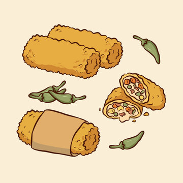 Indonesian Risoles Whole Wrapped Cut Open with Vegetable Filling and Green Chili Doodle Illustration