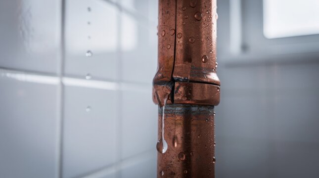 A close-up of a cracked, wet copper pipe with a water droplet leaking from a burst joint, indicating a serious plumbing emergency.