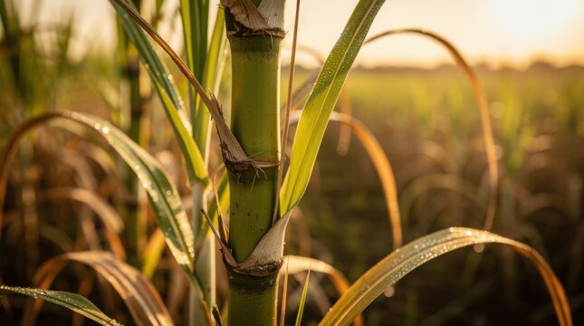 A close-up of a green sugarcane stalk in a field at sunset. The warm, golden light highlights dew droplets on the long, arching leaves.