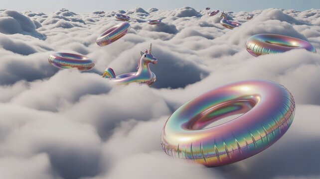 Iridescent pool floats drifting in cloudy blue sky &ndash; Ideal for dreamlike summer vacation marketing, playful swimwear ads, or whimsical creative graphics.