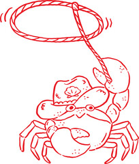 Fototapeta premium Cowboy Summer Crab Wearing Cowboy Hat with Lasso Whimsical Hand Drawn