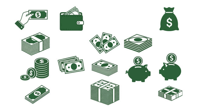 Green money icon set with 14 vector elements, financial currency symbols and cash payment graphics, banking and savings illustrations for business