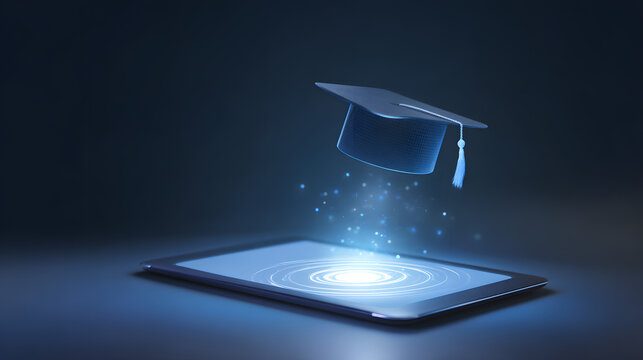Digital Graduation is a futuristic perspective on learning in the modern era, where education goes beyond traditional boundaries and features a digital graduation cap hovering above a tablet device.