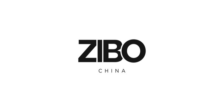 Zibo in the China emblem. The design features a geometric style, vector illustration with bold typography in a modern font. The graphic slogan lettering.
