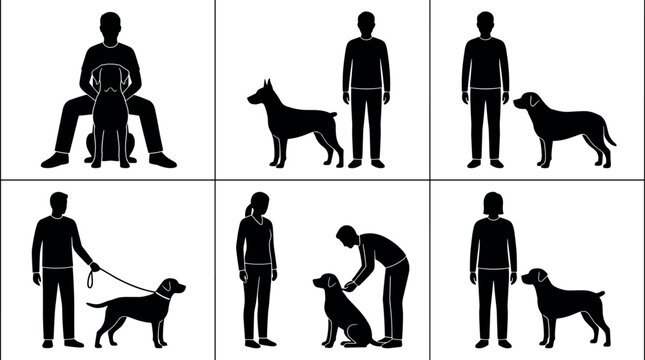 set of dog, silhouette, person, owner, vector, training, leash, pet, man, woman, doberman, labrador, puppy, walking, animal, friendship, canine