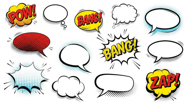 Collection of comic book speech bubbles and sound effects.
