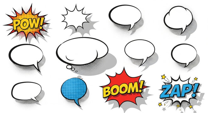 Collection of comic book speech bubbles and sound effects.