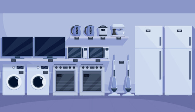 Cartoon electronics appliances store. Rows of small appliances, televisions, stoves, refrigerators. Devices display, electrical goods for sale sapid vector scene