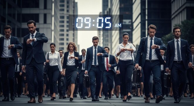 Diverse group of professionals in business attire walking purposefully in a city street during daytime.