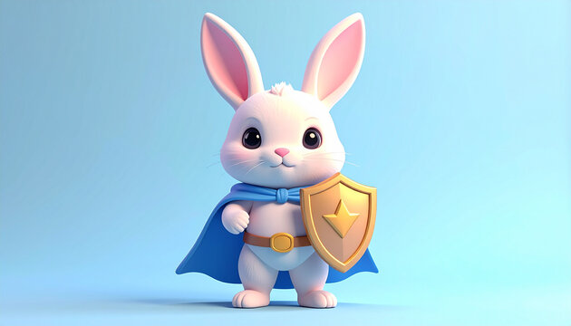 Cartoon bunny superhero with shield