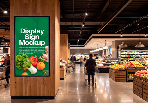 Supermarket advertising poster mockup on wooden pillar