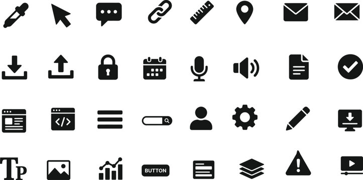 Collection of modern black and white icons for web and mobile applications interface, download, icon, upload,